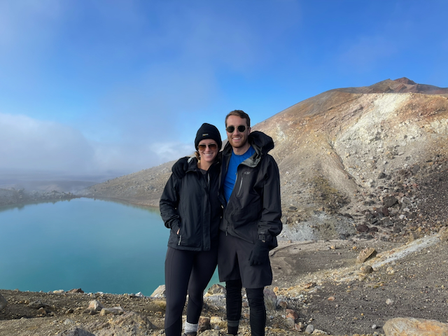 Hiking above an emerald lake in New Zealand